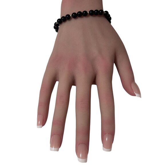 Onyx Gemstone Beaded Stretch Bracelet with 14K Gold Accent Beads Handmade - Picture 7 of 7